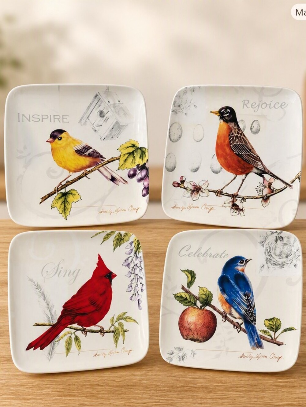 Garden Melody Bird Plates by Sandy Clough – Set of 4 Vintage Square Plates